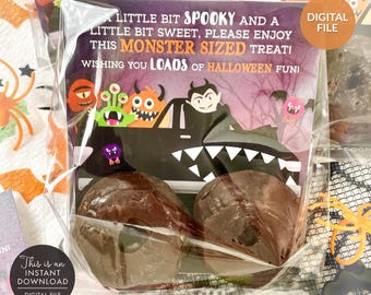 Druckbare Halloween Monster Donut Gunstkarten, Halloween Leckerbissen, Donut Goody Bag, Monster Truck Halloween Party Favor Printable
