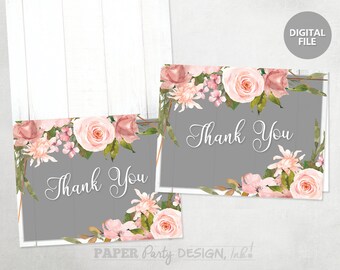 May include: Two printable thank you cards with a gray background and pink floral designs. The text "Thank You" is written in white on each card.