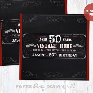 May include: Black and red chalkboard style printable sign with the text "Premium Aged 50 Years Quality Vintage Dude - The Man - The Myth - The Legend - Jason's 50th Birthday".