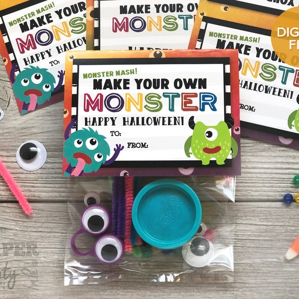 Halloween Printable, Make a Monster Bag Topper, Halloween Favor Bag Topper, Make A Monster Craft Kit, Halloween Kids Party Favor Printable