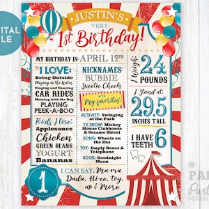 Carnival 1st Birthday Stats Poster, Circus Party Printable Stats Sign, Carnival 11&quot; x 14&quot; Digital Milestone Poster, Carnival Birthday Sign