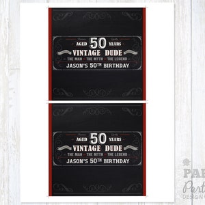 May include: Two black and white chalkboard style printable party favor tags with red borders. The text on the tags reads "Aged 50 Years Vintage Dude The Man The Myth The Legend Jason's 50th Birthday".