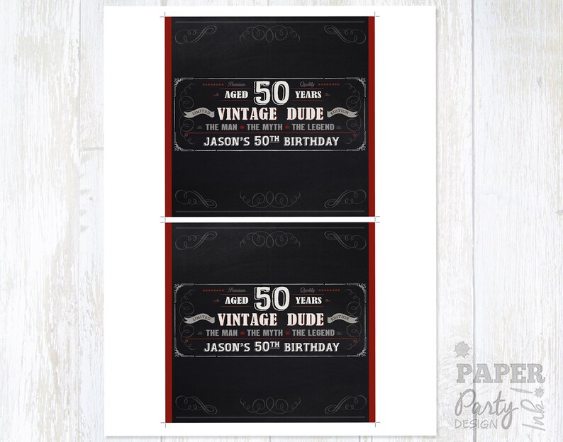 May include: Two black and white chalkboard style printable party favor tags with red borders. The text on the tags reads "Aged 50 Years Vintage Dude The Man The Myth The Legend Jason's 50th Birthday".
