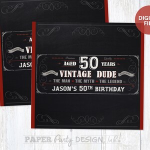 May include: Black and red chalkboard style printable sign with the text "Premium Aged 50 Years Quality Vintage Dude - The Man - The Myth - The Legend - Jason's 50th Birthday".