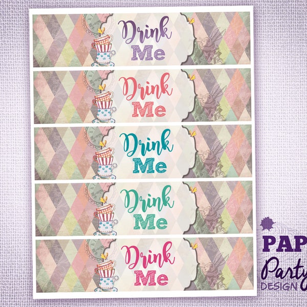 Alice in ONE-derland Drink Me Water Bottle Labels, Alice in One-derland Tea Party Drink Me Bottle Wraps, Vintage Alice Party Printable Wraps