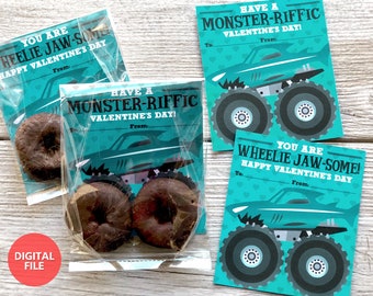 Valentine Shark Monster Truck Donut Cards, Shark Printable Kids Valentine Cards for Donuts,  Shark Truck Digital Donut Valentine Cards