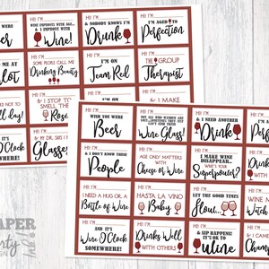 May include: A set of 24 wine-themed gift tags with funny sayings printed on them. The tags are printed on white cardstock with a red border and feature a wine glass icon. The tags are perfect for adding a touch of humor to your next wine party.