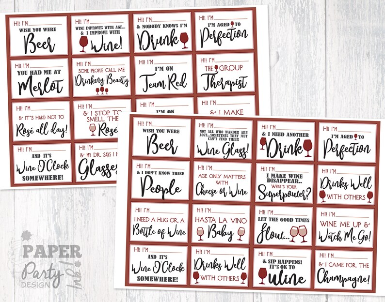 May include: A set of 24 wine-themed gift tags with funny sayings printed on them. The tags are printed on white cardstock with a red border and feature a wine glass icon. The tags are perfect for adding a touch of humor to your next wine party.