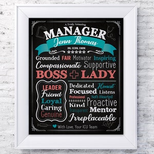 May include: A black and white chalkboard sign with a teal and red banner that reads "A Truly Amazing Manager Jenn Thomas RN, CCRN, CNRN". The sign has a list of positive attributes, including "Grounded, Fair, Motivator, Inspiring, Compassionate, Supportive, Boss + Lady, Dedicated, Honest, Friend, Focused, Listens, Loyal, Kind, Proactive, Caring, Transparent, Mentor, Genuine, Irreplaceable". The sign ends with "With Love, Your ICU Team".