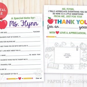 Teacher Appreciation Thank You Note, Teacher Appreciation Printable Mad Lib Note, Custom Teacher Gift, Teacher Personalized Thank You Note