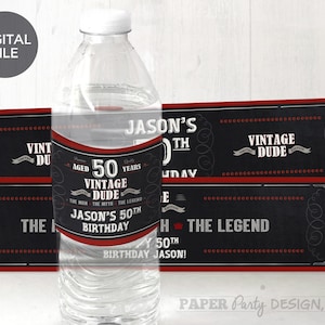 Vintage Dude Printable Water Bottle Wraps, Personalized The Man Birthday Bottle Labels, Milestone Birthday 2&quot; x 8.25&quot; Bottle Wrappers