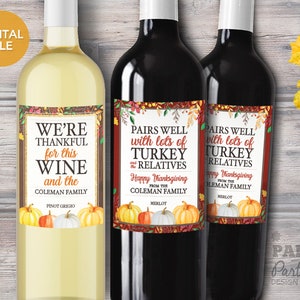 Wine Label Printable, Thanksgiving Wine Labels Set, Printable Thanksgiving Wine Labels Set of 2, Personalized Wine Label, Hostess Wine Gifts