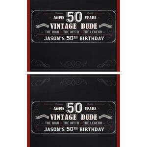 May include: Black and white chalkboard style birthday banner with red accents. The banner reads "Premium Aged 50 Years Quality Limited Edition Vintage Dude The Man The Myth The Legend Jason's 50th Birthday".