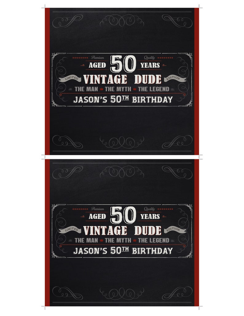 May include: Black and white chalkboard style birthday banner with red accents. The banner reads "Premium Aged 50 Years Quality Limited Edition Vintage Dude The Man The Myth The Legend Jason's 50th Birthday".