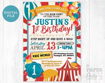 Puede incluir: Una invitación de cumpleaños de circo rojo, blanco y azul para un primer cumpleaños. La invitación presenta una carpa a rayas rojas y blancas, un globo aerostático azul y blanco y un elefante amarillo. El texto de la invitación dice "¡Venga uno, venga todos al evento principal del año! ¡El primer cumpleaños de Justin!" y "Sábado 13 de abril, 1-4PM, KIDZ WORLD, 245 Ringling Avenue, Tampa, FL 33624".