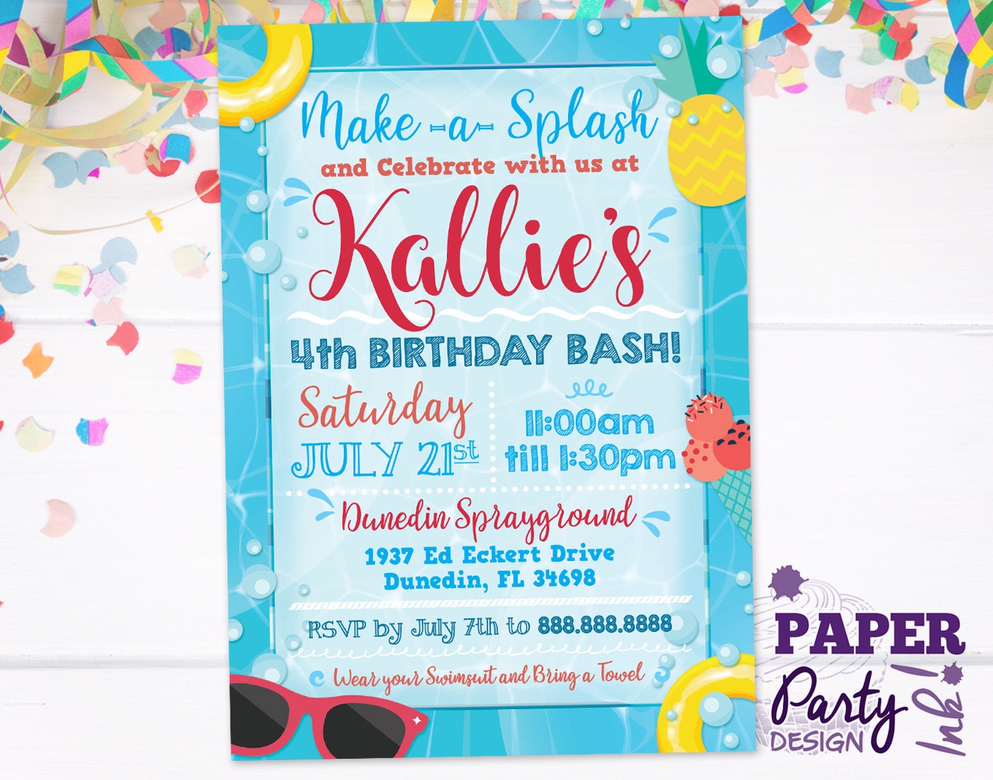 Pool Party Invitation 5 X 7 Digital, Pool Party Birthday