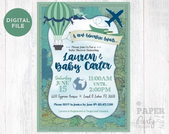 Adventure Baby Shower Invitation 5" x 7", Hot Air Balloon Shower Printable Invite, Places You'll Go Digital Invitation, Travel Shower Invite