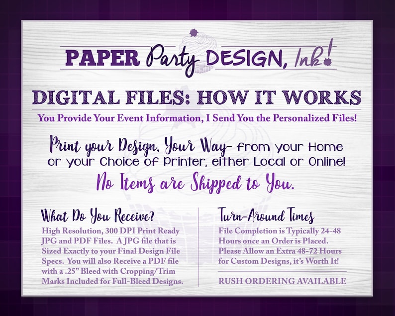 May include: A purple and white graphic with the text "PAPER Party DESIGN, Ink!" and "DIGITAL FILES: HOW IT WORKS". The text explains that you provide your event information and the seller will send you personalized files. The graphic also includes the text "Print your Design, Your Way - from your home or your choice of printer, either local or online!" and "No Items are Shipped to You."