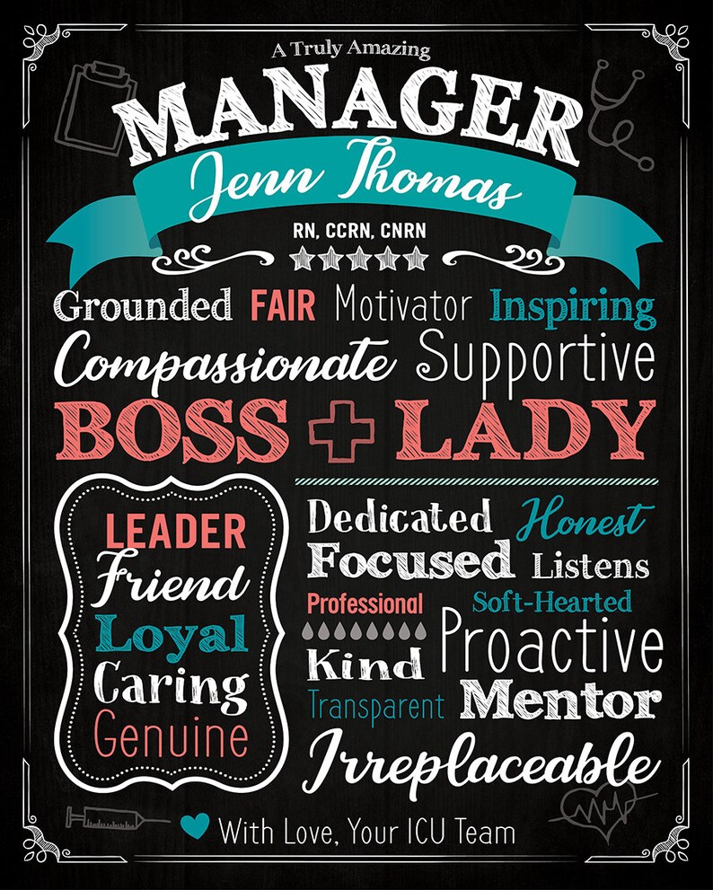 May include: A black and white chalkboard with the text "A Truly Amazing Manager Jenn Thomas RN, CCRN, CNRN" with five stars below. The text "Grounded FAIR Motivator Inspiring Compassionate Supportive BOSS+LADY" is below the name. The text "LEADER Dedicated Honest Friend Focused Listens Loyal Kind Proactive Caring Transparent Mentor Genuine Irreplaceable" is below the text "BOSS+LADY". The text "Professional Soft-Hearted" is below the text "Kind Proactive". The text "With Love, Your ICU Team" is at the bottom of the chalkboard.
