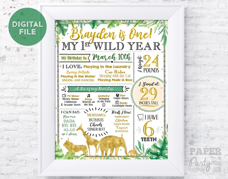 Golden Safari Party Printable Stats Sign Wild ONE Birthday Wild ONE 1st Birthday Stats Poster WildONE 11 x 14 Digital Milestone Poster