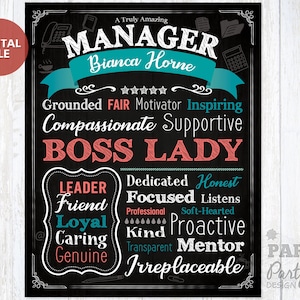 May include: A black and white printable sign with the text "A Truly Amazing Manager Bianca Horne" in a decorative font. The sign also includes the words "Grounded, Fair, Motivator, Inspiring, Compassionate, Supportive, Boss Lady, Leader, Dedicated, Honest, Friend, Focused, Listens, Loyal, Professional, Soft-Hearted, Caring, Kind, Proactive, Genuine, Transparent, Mentor, Irreplaceable".
