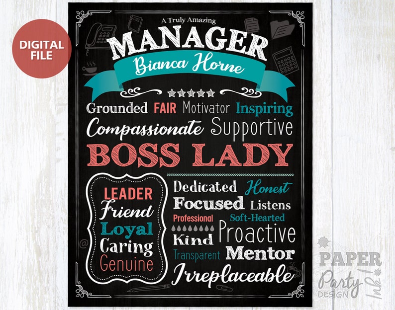 May include: A black and white printable sign with the text "A Truly Amazing Manager Bianca Horne" in a decorative font. The sign also includes the words "Grounded, Fair, Motivator, Inspiring, Compassionate, Supportive, Boss Lady, Leader, Dedicated, Honest, Friend, Focused, Listens, Loyal, Professional, Soft-Hearted, Caring, Kind, Proactive, Genuine, Transparent, Mentor, Irreplaceable".