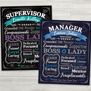 May include: Two chalkboard style signs with blue and purple accents. The top sign reads "A Truly Amazing Supervisor Lissette Kelley" and the bottom sign reads "A Truly Amazing Manager Lauren Johns". Both signs have a list of positive attributes for the person named on the sign.