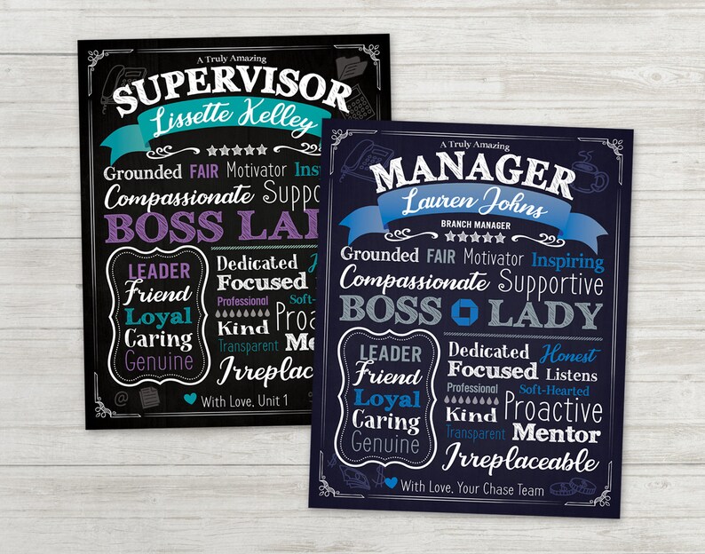 May include: Two chalkboard style signs with blue and purple accents. The top sign reads "A Truly Amazing Supervisor Lissette Kelley" and the bottom sign reads "A Truly Amazing Manager Lauren Johns". Both signs have a list of positive attributes for the person named on the sign.