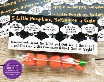 Printable Halloween Bag Topper, 5 Little Pumpkins Favor Bag Topper, Little Pumpkins Halloween Treat Bag Toppers Printable, Instant Download