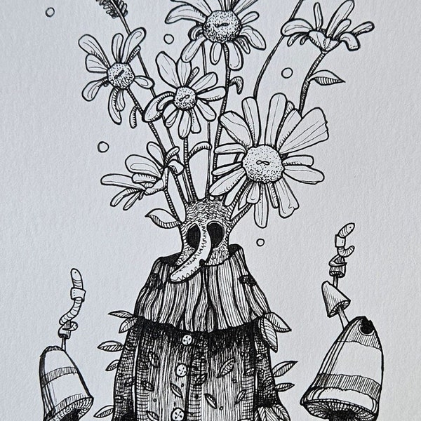 Mr. Tuber Flower Pot - Original Illustration on Paper, Quirky Art for Gardeners, Nature Art, Whimsical Art, Still Life