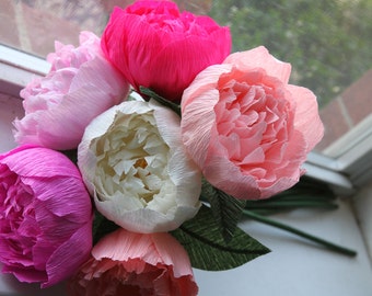 6 Peonies - Crepe paper peonies - anniversary decoration -wedding bouquet - paper flowers- bridal bouquet- gift idea