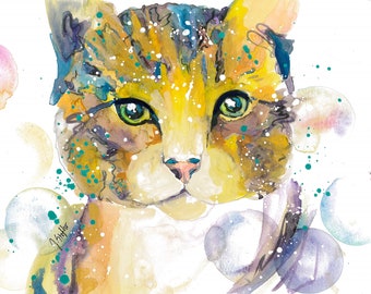 Bubble Cat Watercolor - Painted Prints