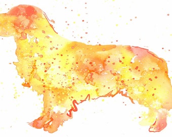May include: Watercolor painting of a golden retriever dog silhouette with yellow and orange paint splatters.
