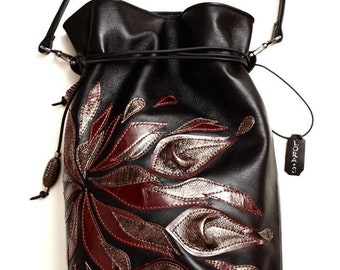 Leather Bucket bag with flowers Black color, Leather Tote Laptop bag woman