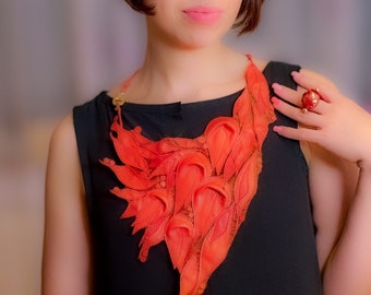 Big necklace, Red statement leather bib necklace, Flower necklace, Long necklace, Fall leaves