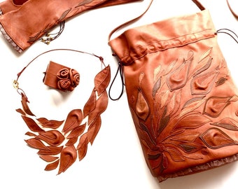 Big leather tote bag with flowers, bracelet and bib necklace, High quality genuine Italian leather, Gift set for women