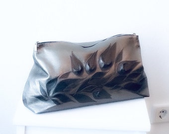 Oversized leather clutch for women, Bridesmaid Gift, Silver bag with dark flowers, Makeup organizer, Wedding gift