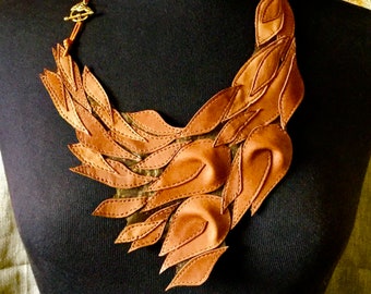 Statement leather bib necklace Boho, Leather flowers leaves necklace, Long fashion collier