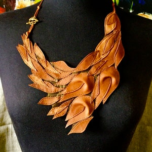 Statement leather bib necklace Boho, Leather flowers leaves necklace, Long fashion collier