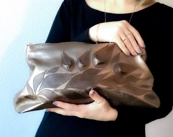 Lambskin Leather Clutch: Oversized Cloud Bag with Floral Design