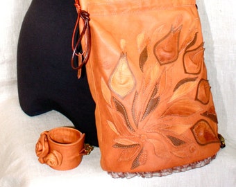 Set: Big leather tote bag, bracelet and bib necklace Cognac color, High quality nappa leather, Unique handmade gift, Ready to ship
