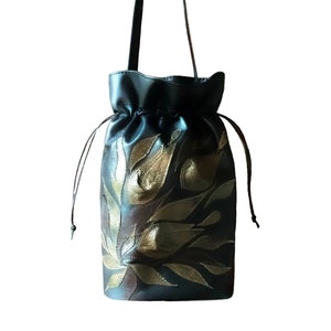 Floral Leather Bucket Bag: Black Italian Leather, Two Straps