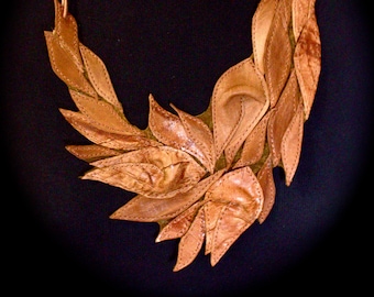 Leather Bib Necklace with Flowers and Leaves