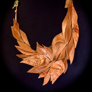 Leather Bib Necklace with Flowers and Leaves