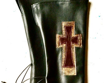 Long leather fingerless gloves with cross, for men or women, Cosplay gloves