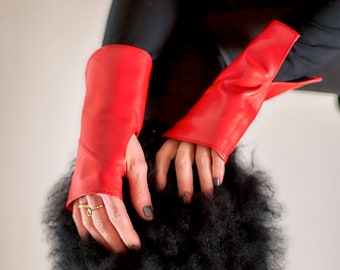 Red leather gloves fingerless, Long leather cuff Various colors High quality genuine leather