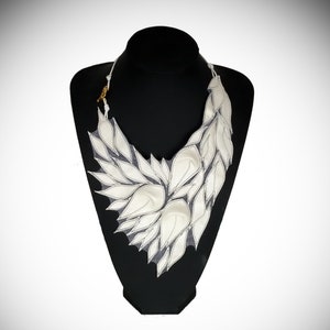 White leather bib necklace, Statement necklace for women, Handmade jewelry, Fairy big Collar