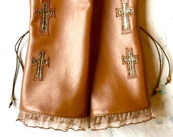 Leather Fingerless Gloves with Crosses: Handmade Cosplay Accessories