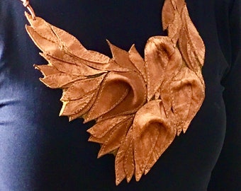 Statement Boho leather bib necklace, Fall leaves collar, Cognac brown color