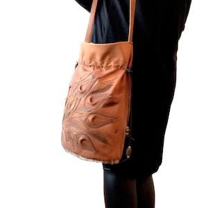 Handmade Italian Leather Bucket Bag: Cognac Brown Floral Tote